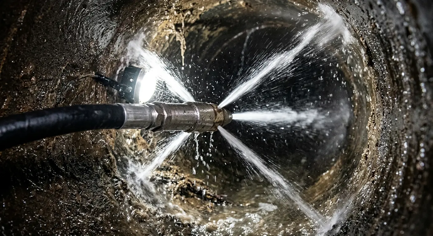 High-pressure hydro jetting nozzle cleaning sewer pipe for Trenchless Sewer Repair in New Castle