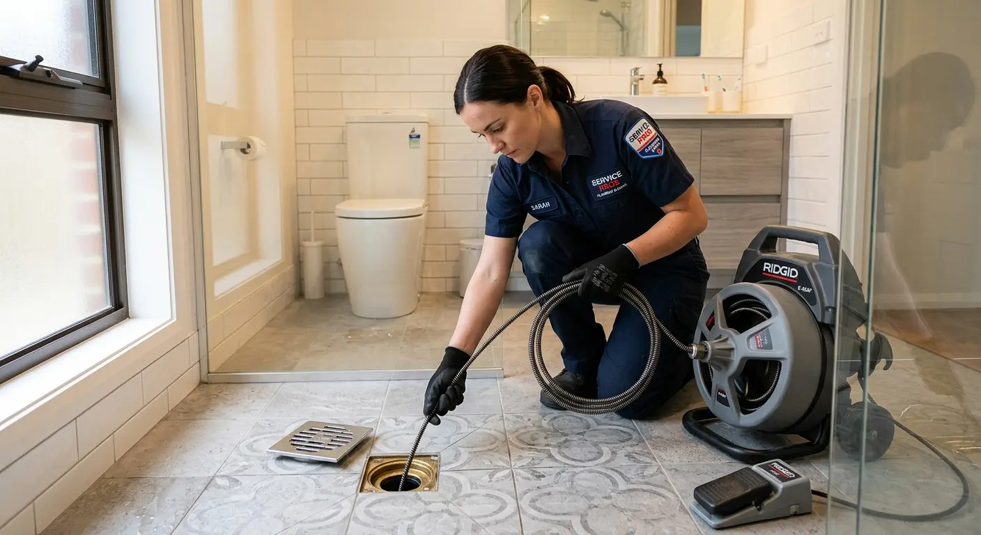 Technician clearing a bathroom floor drain for Drain Repair in New Castle